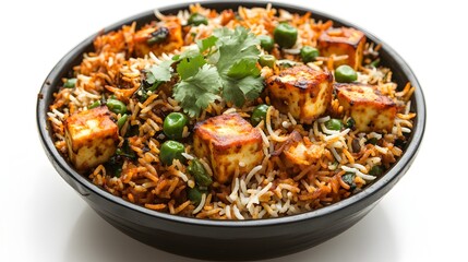 Delicious paneer and pea biryani rice dish in a black bowl garnished with fresh cilantro, perfect for Indian food restaurant menus or recipe websites.