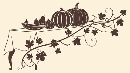 Autumn Fall Harvest Thanksgiving Table Decor Silhouette Vector with Pumpkins Gourds Vine Leaves