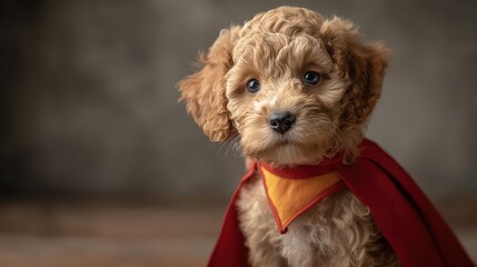 Adorable puppy wearing a superhero cape.
