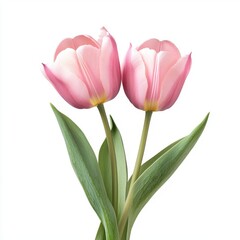 Fototapeta premium Pink tulips with leaves, isolate on white background.