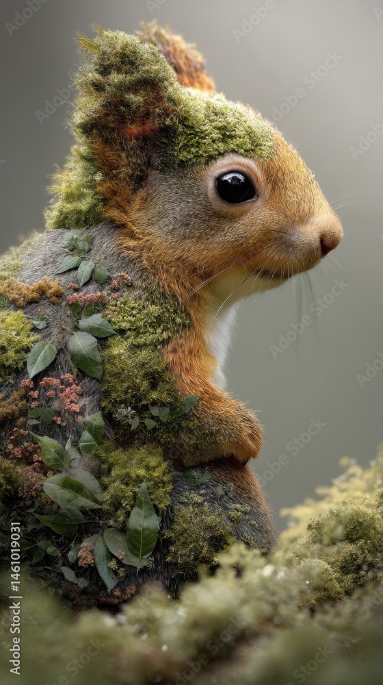 Poster close-up profile view of a stylized squirrel with moss and foliage.