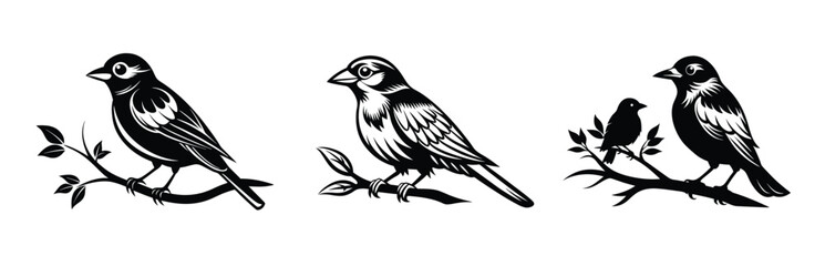 Silhouette vector of a bird perched on a branch, black and white, clean design on white background.
