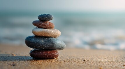 Fototapeta premium A macro shot of smooth polished stones stacked on top of each other in perfect balance, resting on a sandy surface