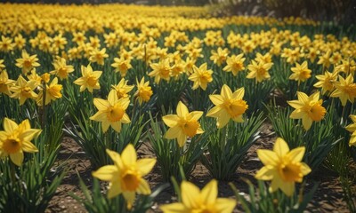 Sunlit field of vibrant yellow daffodils in full bloom, petals glistening ,  yellow flowers,  sunny