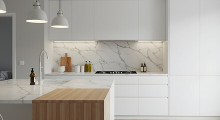 Elegant Kitchen With Marble Backsplash Island And Modern Lighting Fixtures