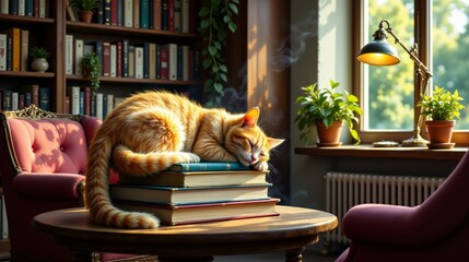 Ginger Cat Napping On Book Stack