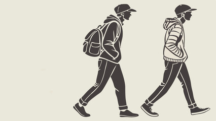Black and White Sketch Illustration of Two Young Men Walking in Casual Urban Style with Backpack