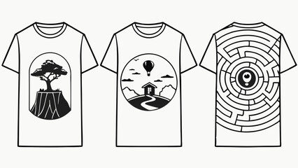 Minimalist Black and White Graphic T-Shirt Designs Featuring Nature Tree, Landscape Journey, and Maze Puzzle