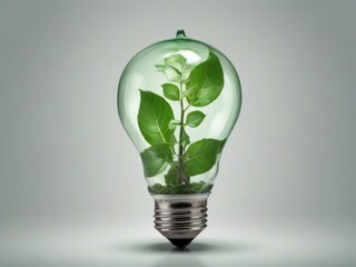 Electric light bulb with a green branch of a plant inside. Concept of green energy, environmentally friendly electricity production. Economical consumption of electricity and environmental protection.