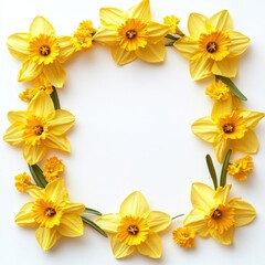 Obraz premium Bright daffodil flowers arranged in a decorative frame, isolate on white background.
