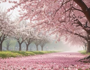 Naklejka premium Falling sakura petals, soft pink, gentle descent amidst a blurred cherry orchard , falling, flowers