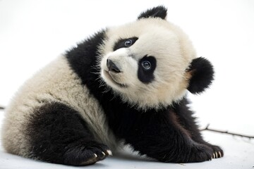 Naklejka premium Adorable Panda Close-Up on White Background with Playful Expression