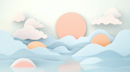 Pastel paper cut-out landscape scene with soft colors.