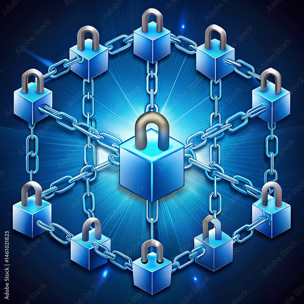 Poster secure network blockchain technology concept with interlocking padlocks and chains