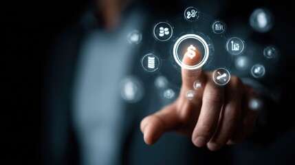Person's finger touching a digital interface showing financial data and icons for business technology