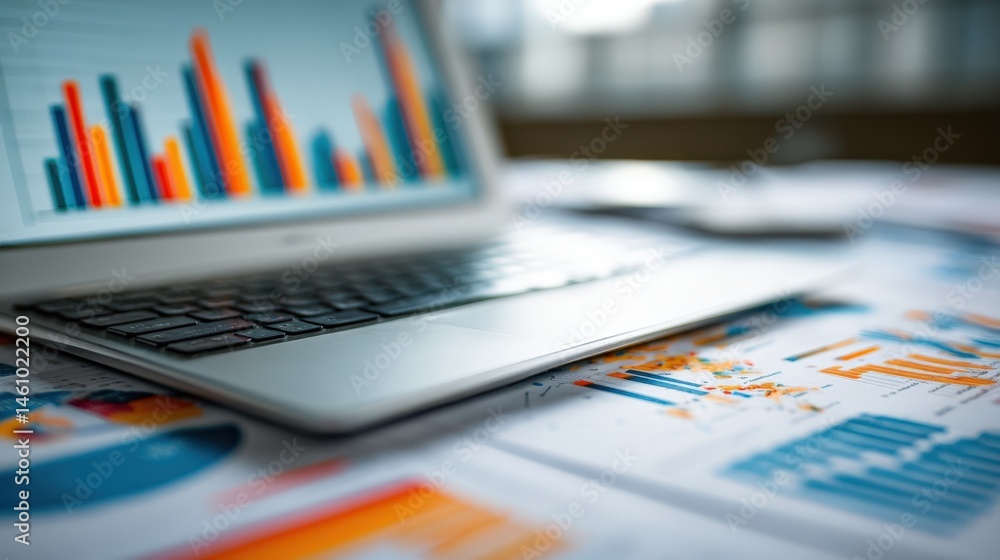 Aufkleber laptop computer displaying colorful bar graphs rests on financial reports showing business data anal