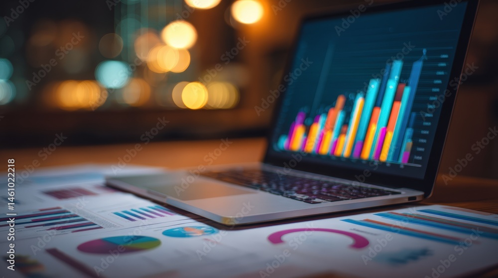 Poster laptop displaying vibrant financial charts rests on business reports showing graphs and diagrams at 