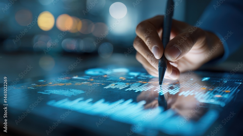 Poster person using stylus on tablet analyzing digital data charts graphs and diagrams