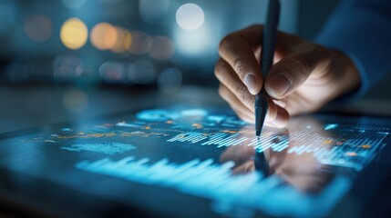 Person using stylus on tablet analyzing digital data charts graphs and diagrams