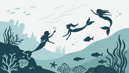 Magical Underwater World Silhouette Illustration of Three Mermaids Swimming with Coral Reef and Fish