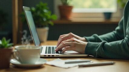 Fototapeta premium Woman Typing At Desk With Laptop