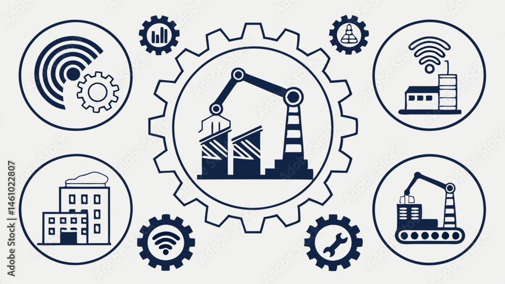 Poster industry 4.0 smart factory automation robotics connectivity flat icons
