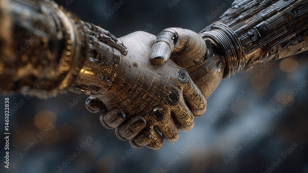Poster robotic hands clasped in a symbolic handshake representing technological advancement and future coll