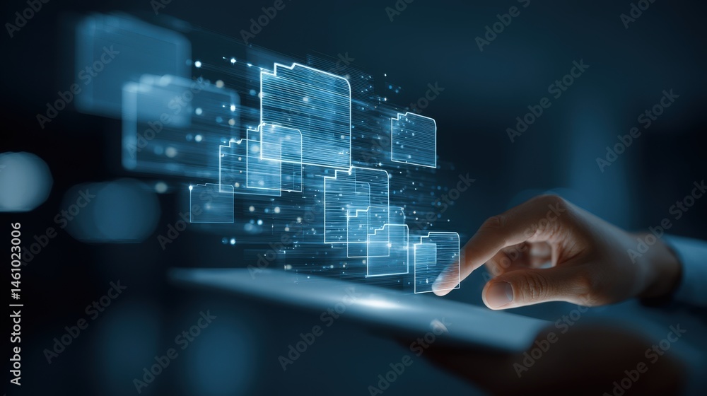 Poster digital data management hand interacting with holographic files on a tablet