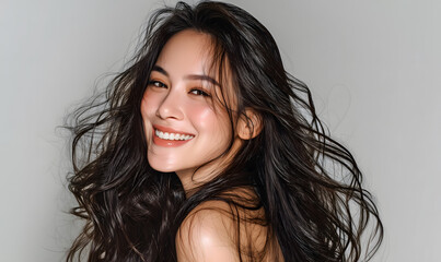A young woman with a bright smile and beautiful, flowing black hair is suitable for advertising shampoo, conditioner, cosmetic products, fashion and beauty. 