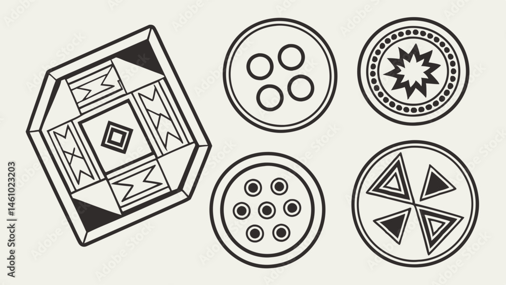Poster abstract black and white geometric tribal patterns shield and circle shapes line art design element 