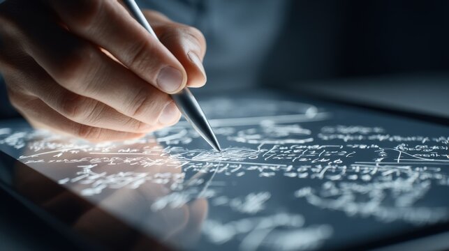 Hand Using Stylus to Write Complex Mathematical Equations on a Tablet Screen
