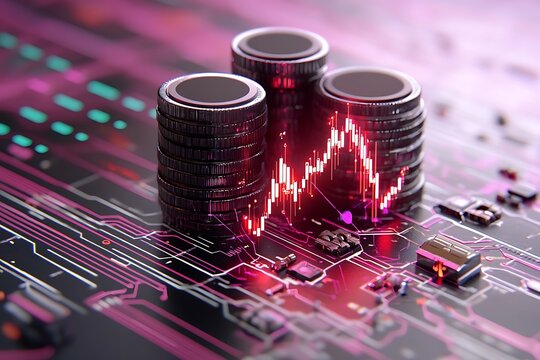 Digital currency stacks on circuit board, showing market trend