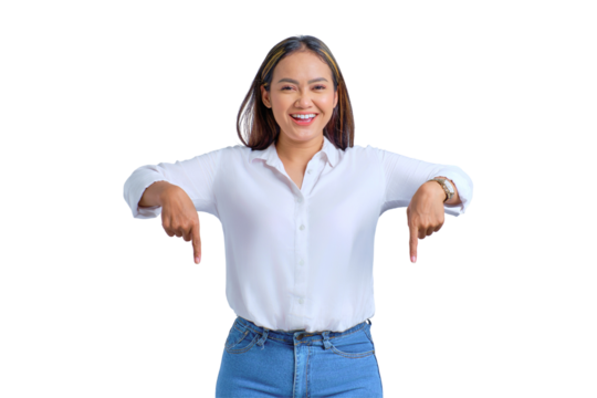 Smiling young Asian woman pointing fingers down, inviting people to follow isolated on transparent background