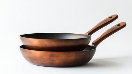 Copper frying pans with kitchenware, and white.