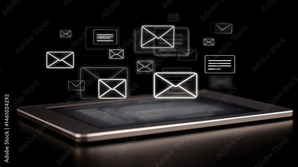 Poster digital tablet displaying incoming emails online communication concept