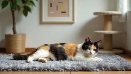 Calico Cat Lying On Gray Rug