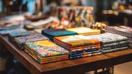 Obraz premium Colorful stacks of patterned fabric textiles displayed on wooden table in shop Beautiful printed fabrics for sale