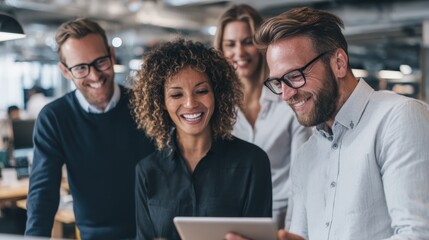 Happy diverse business team collaborates using a tablet in a modern office Successful coworkers review project together