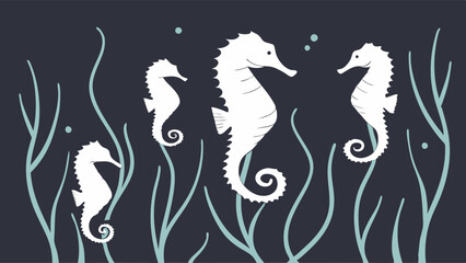 Four White Seahorses Underwater Blue Seaweed Illustration