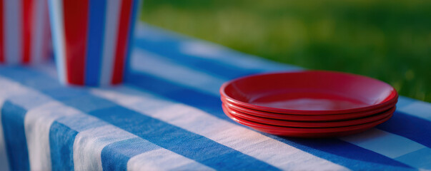 Red plates on blue and white checkered tablecloth outdoors