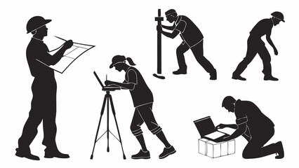 Land Surveying, Engineering, and Construction Fieldwork Silhouettes - Vector Illustration