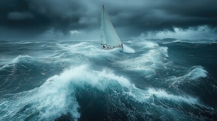 Sailboat navigating a stormy sea.  Vast waves crash around a small vessel, battling the elements