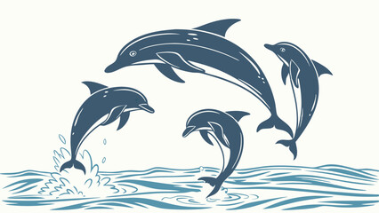 Naklejka premium Vintage Blue Sketch Illustration of Four Dolphins Leaping and Splashing in Ocean Waves Marine Life