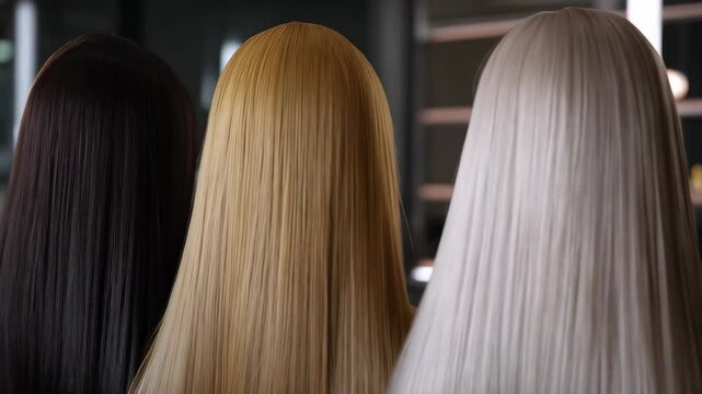 Display of four long, straight human hair wigs in black, blonde, platinum white, and brown colors, showcased indoors for styling and fashion choices.