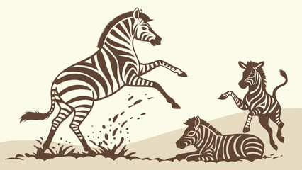 Dynamic Sepia Illustration Zebra Family Playing Rearing Adult Jumping Foal Wildlife Art