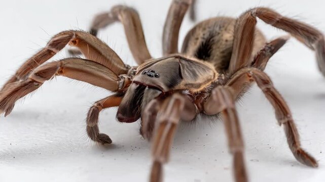 Close-up of a Large Brown Hairy Spider on a White Surface, Detailed Legs and Body, Isolated Studio Shot