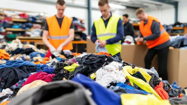 Volunteers Collaborate in Warehouse, Sorting Donated Clothing for Community Charity and Recycling Efforts, Ensuring Safety and Teamwork in Busy Atmosphere.