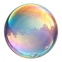 Iridescent soap bubble with rainbow colors and transparent glossy surface isolated on transparent background