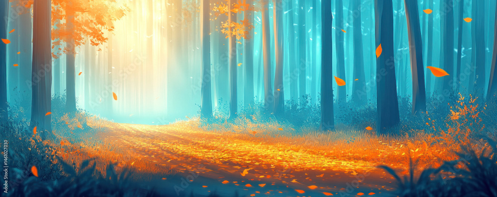 Poster a serene forest scene with a path in the middle and leaves scattered around. the sunlight is shining