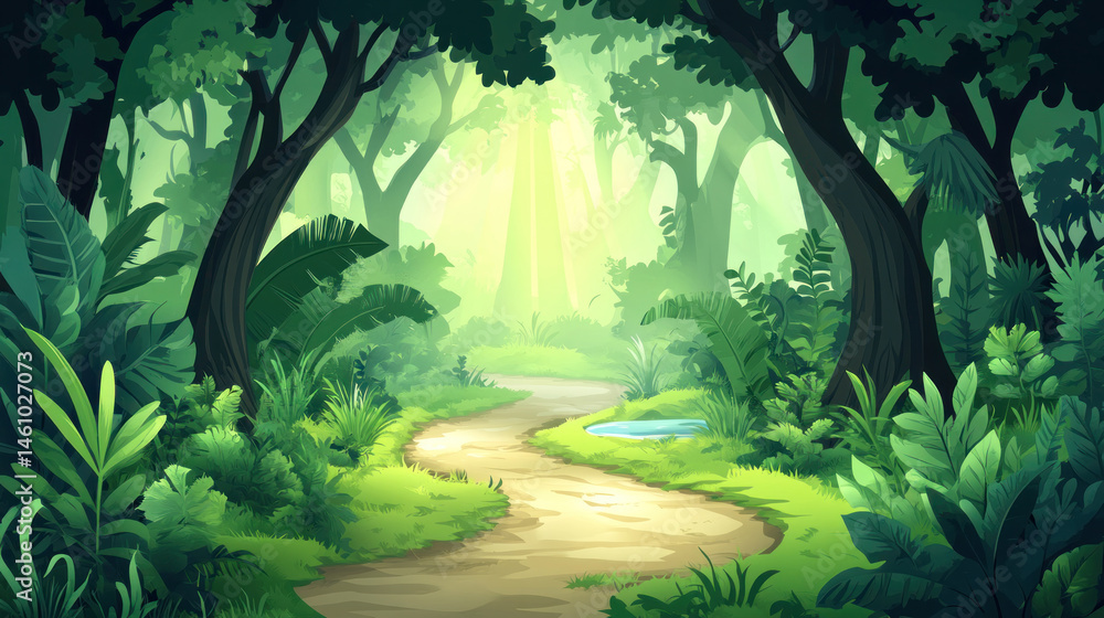 Poster a path through a forest with trees on either side. the path is narrow and surrounded by greenery
